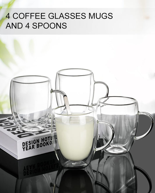 4 Pack 350ml Double Walled Coffee Cups Glasses Mugs 4 Spoons RRP £26