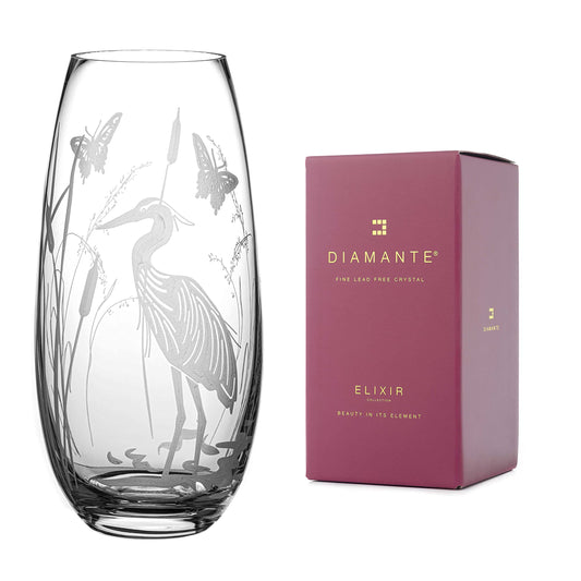 DIAMANTE Barrel Shaped Crystal Vase "Heron" - Etched Bird Decoration RRP £33