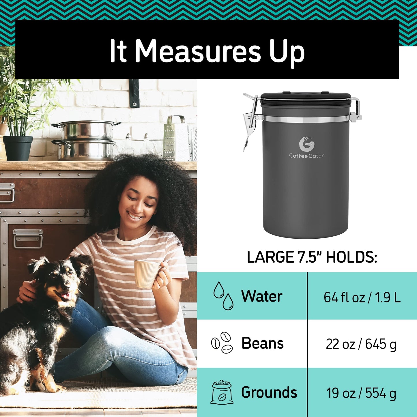 Stainless Steel Container with CO2, Magnetic Clip and Bag Clip- Holds 645g Grain - 1.9L