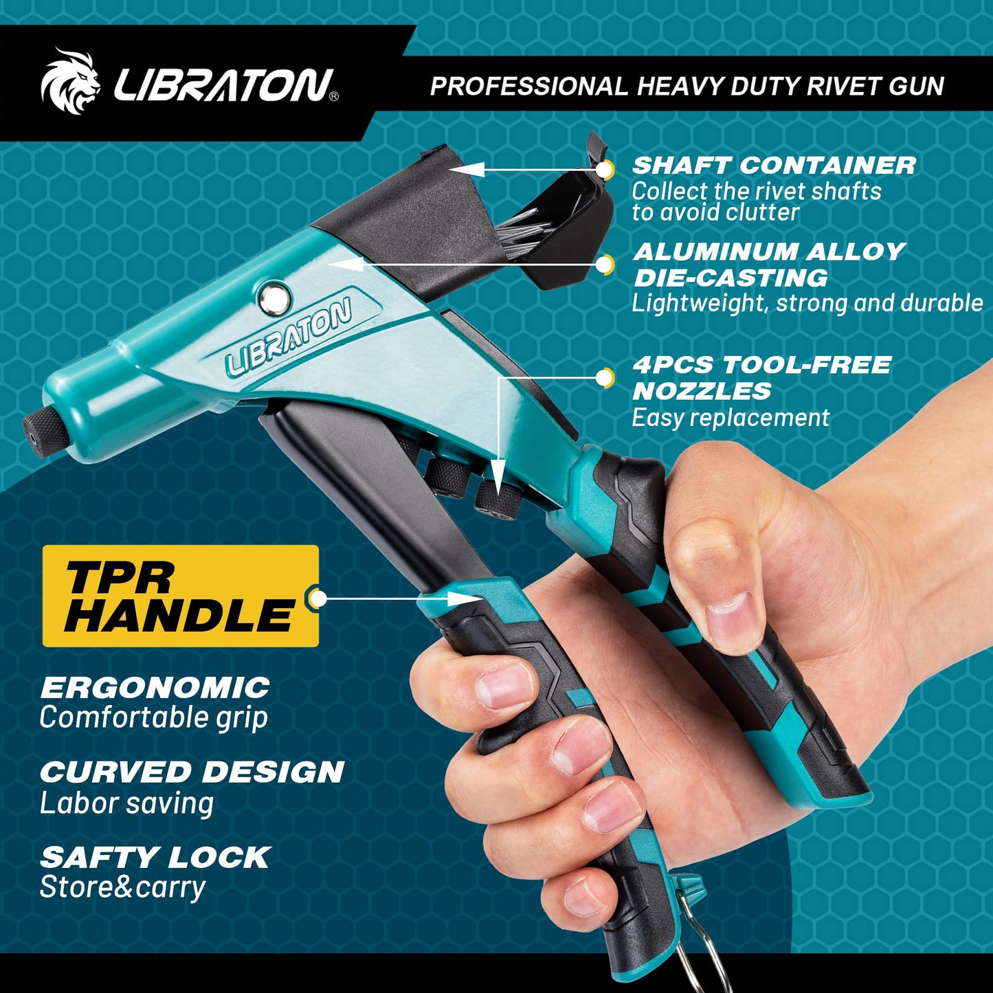 Heavy Duty Rivet Gun One-Handed Set Tool-Free Interchangeable Heads