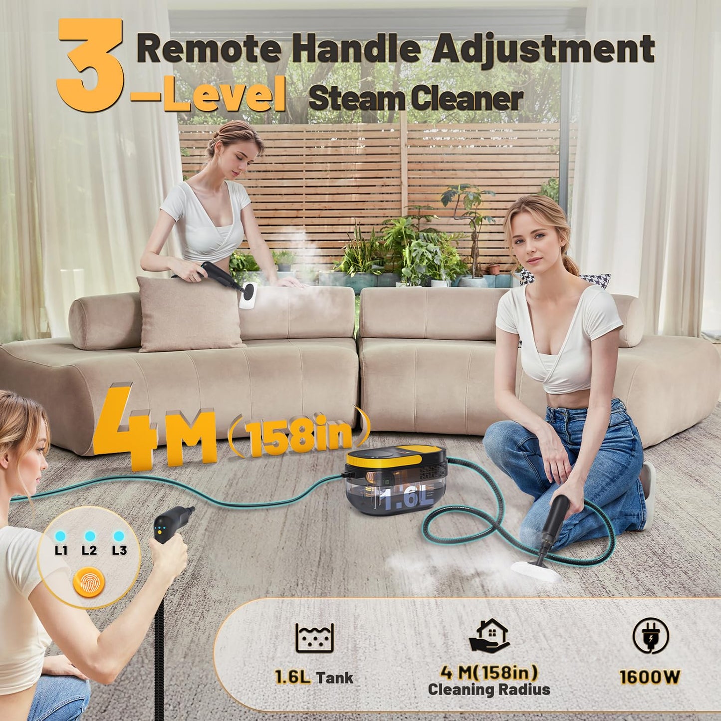 Gautye Steam Cleaner 3 Level Adjustable Handle 15s Heat-Up 1.6L Tank RRP £70