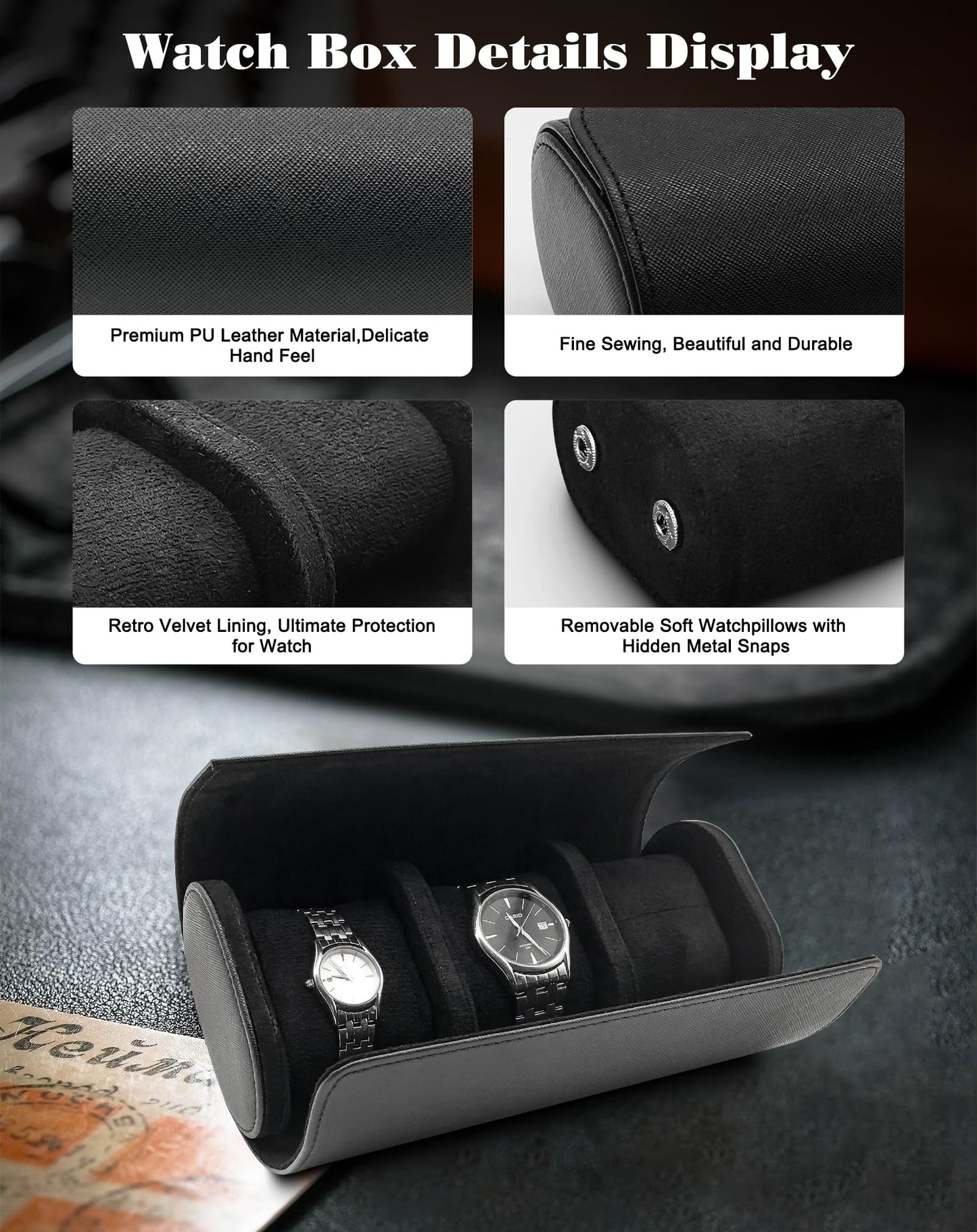Watch Travel Case 3 Slot PU Leather Watch Roll Box Men Watch