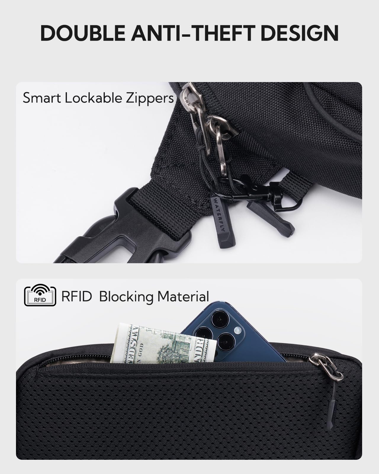 Waist Packs Adjustable Belt Crossbody Chest Bag with RFID Blocking Anti-Theft - Black