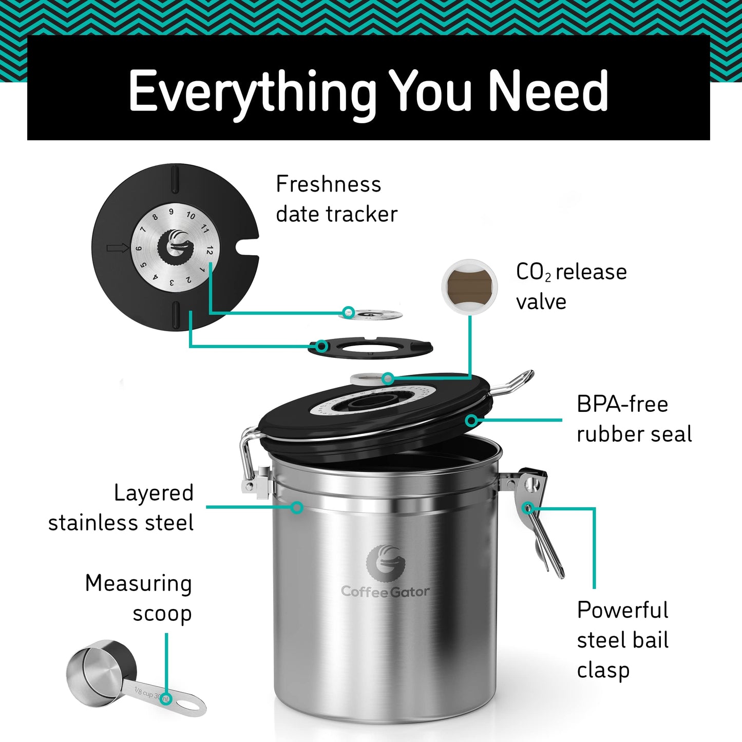 Stainless Steel Container with CO2, Magnetic Clip and Bag Clip- Holds 645g Grain - 1.9L