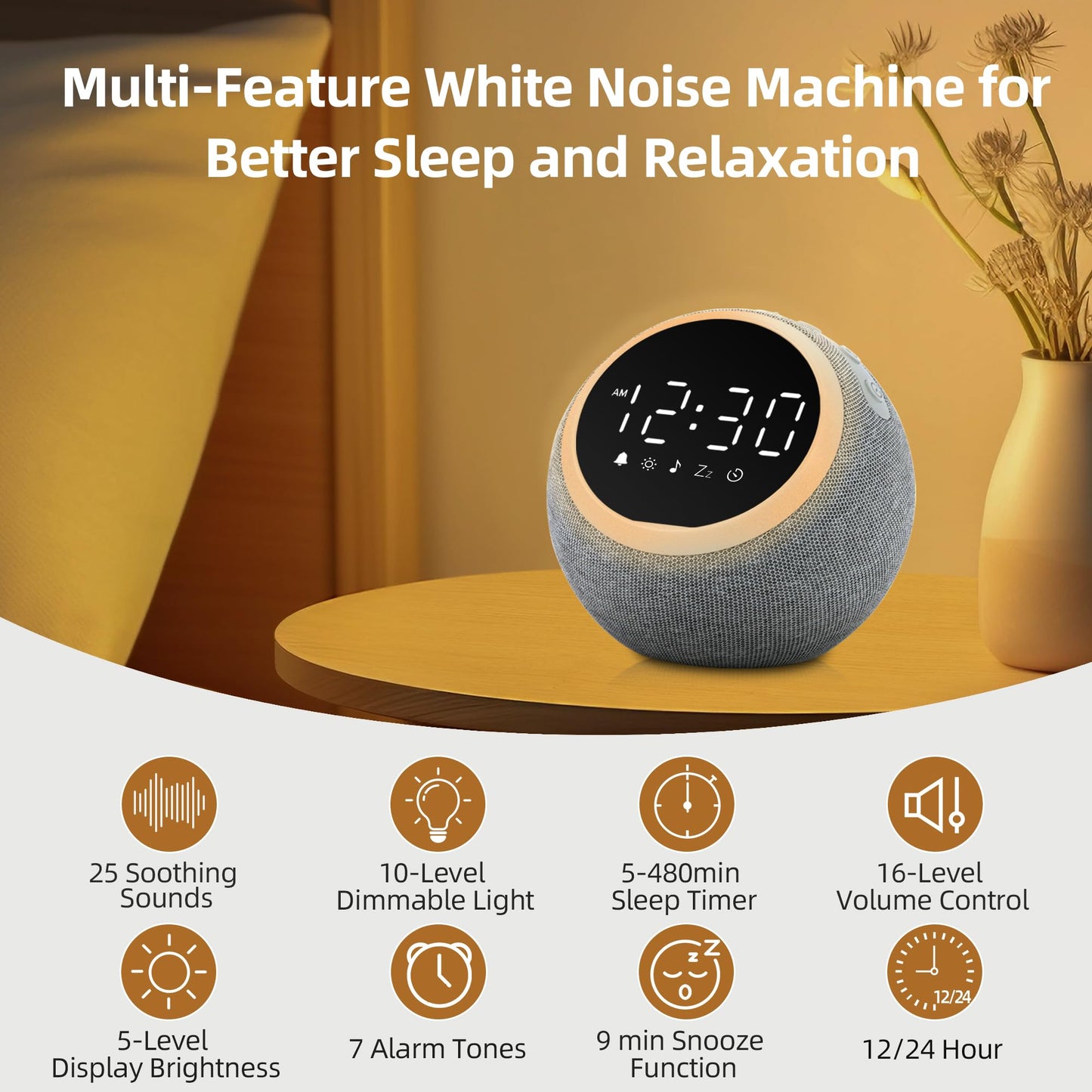 Smart Digital Alarm Clock White Noise – 25 Sounds Night Light
