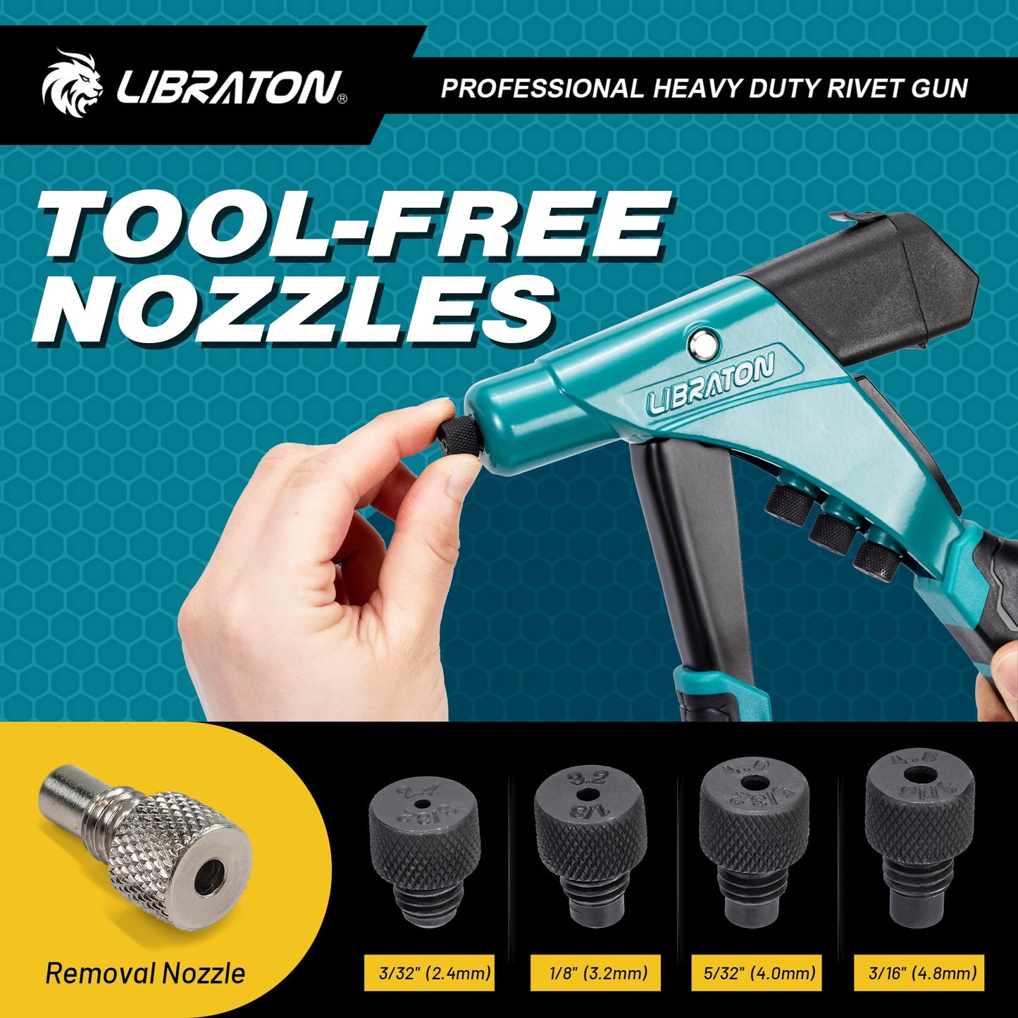 Heavy Duty Rivet Gun One-Handed Set Tool-Free Interchangeable Heads