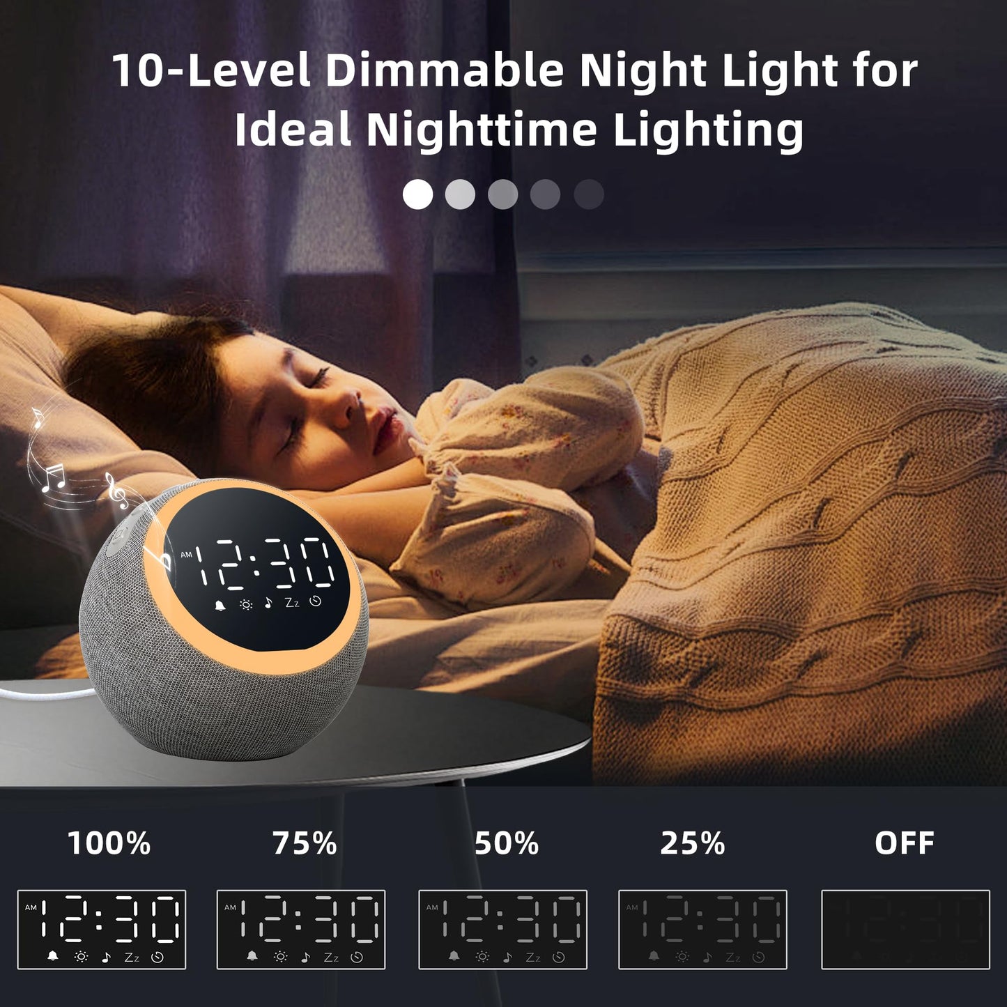 Smart Digital Alarm Clock White Noise – 25 Sounds Night Light