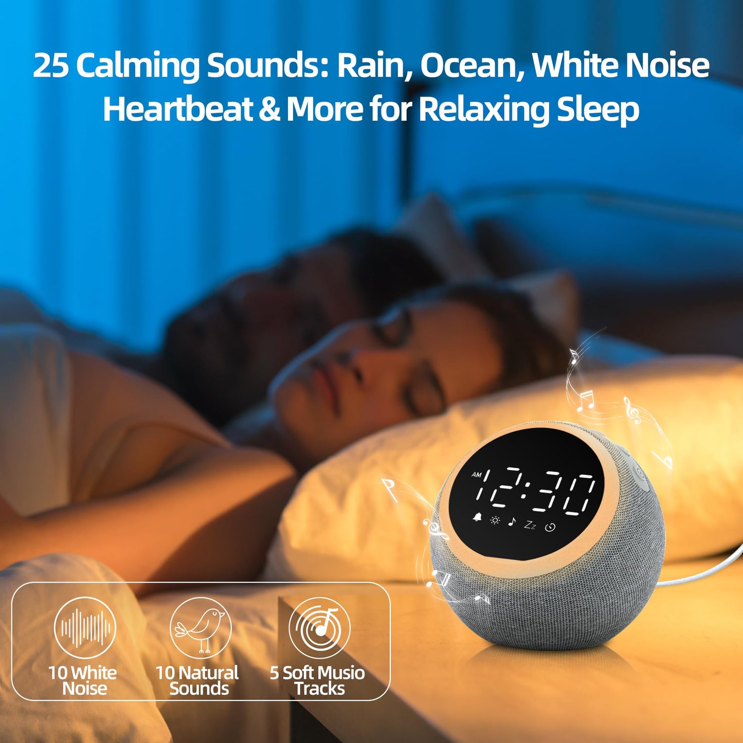 Smart Digital Alarm Clock White Noise – 25 Sounds Night Light