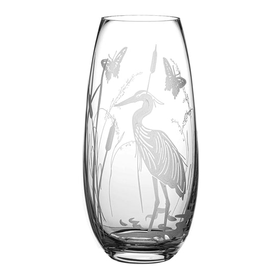 DIAMANTE Barrel Shaped Crystal Vase "Heron" - Etched Bird Decoration RRP £33