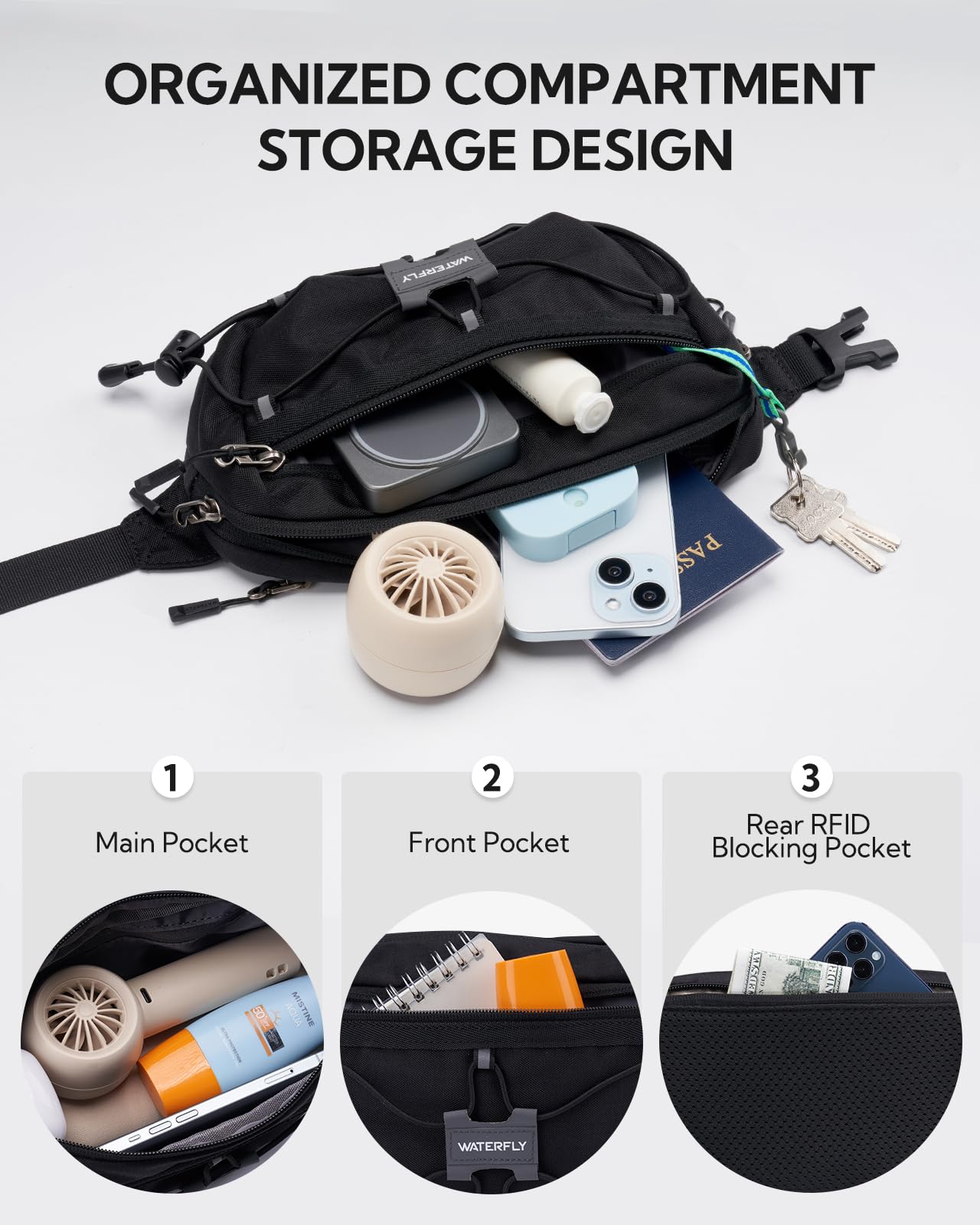 Waist Packs Adjustable Belt Crossbody Chest Bag with RFID Blocking Anti-Theft - Black