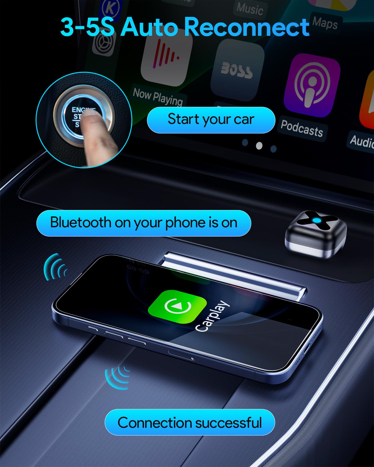 Wireless Android Auto & Carplay Adapter A9 Chip 5.8GHz WiFi